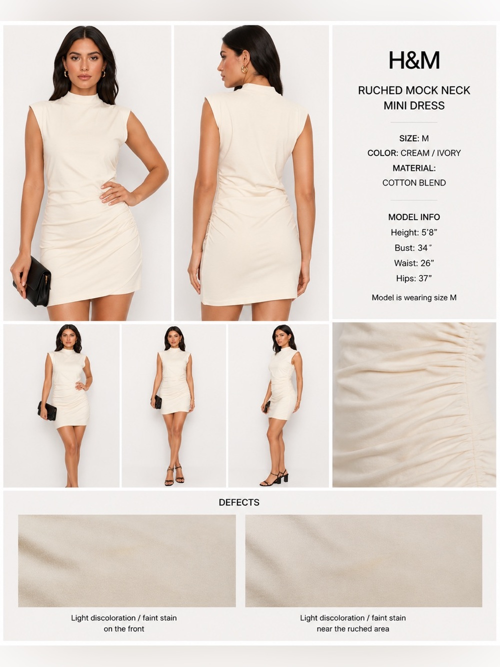 H&M Ivory Mock Neck Ruched Sleeveless Mini Dress Size M